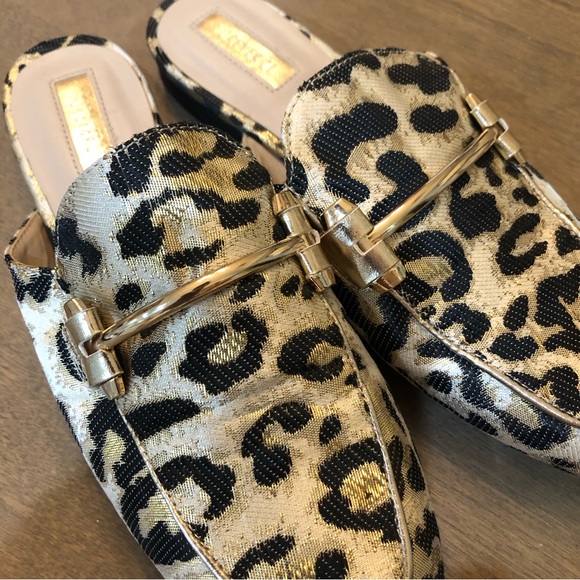 NEW FOREVER21 Leopard Cheetah Animal Print Shimmer Gold Metal Slip On Flat Mules - Picture 6 of 8
